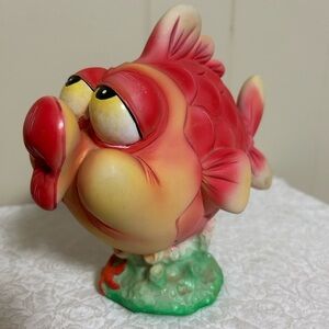 Kissing Glittery Fish Figurine Blowfish Signed Resin Whimsical Figure Decor VTG